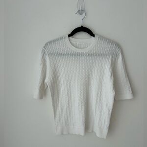 Minimalist white cable knit short sleeve sweater
